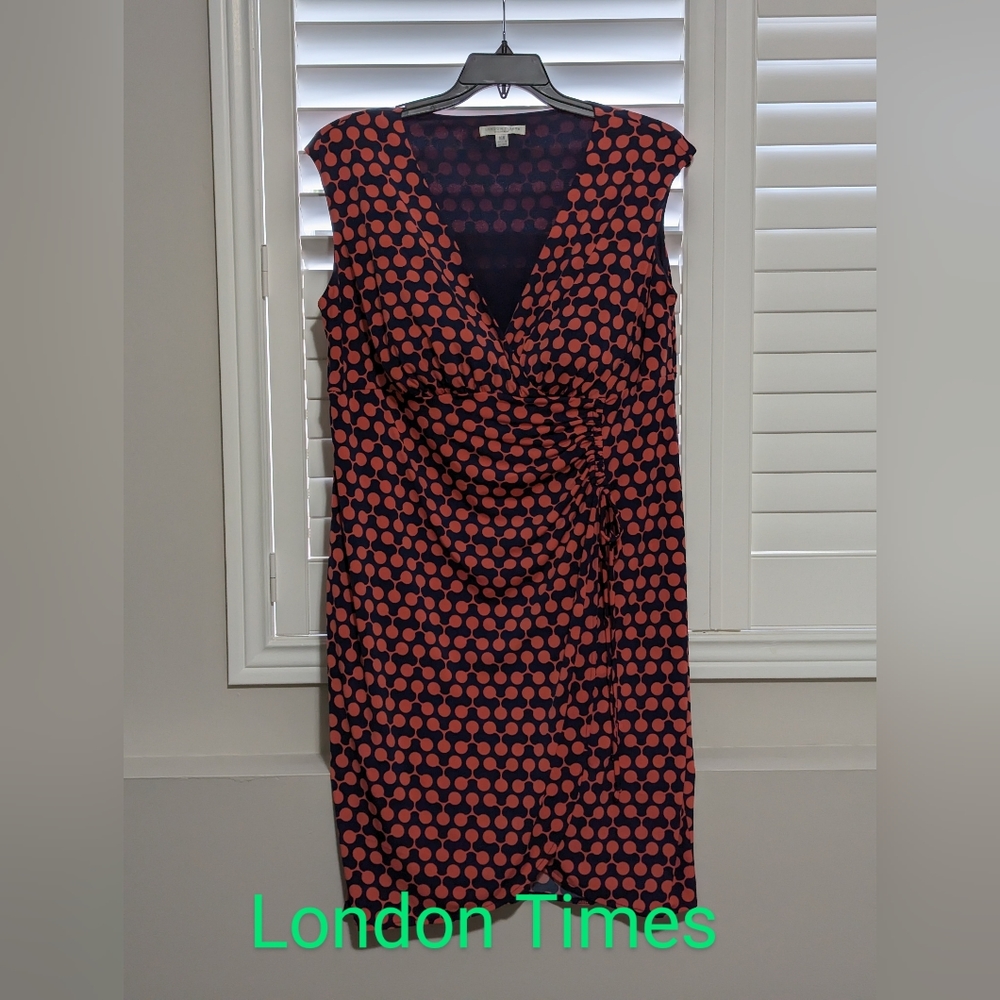 - London Times Faux Wrap Dress. Pink and Navy. Roching at waist.